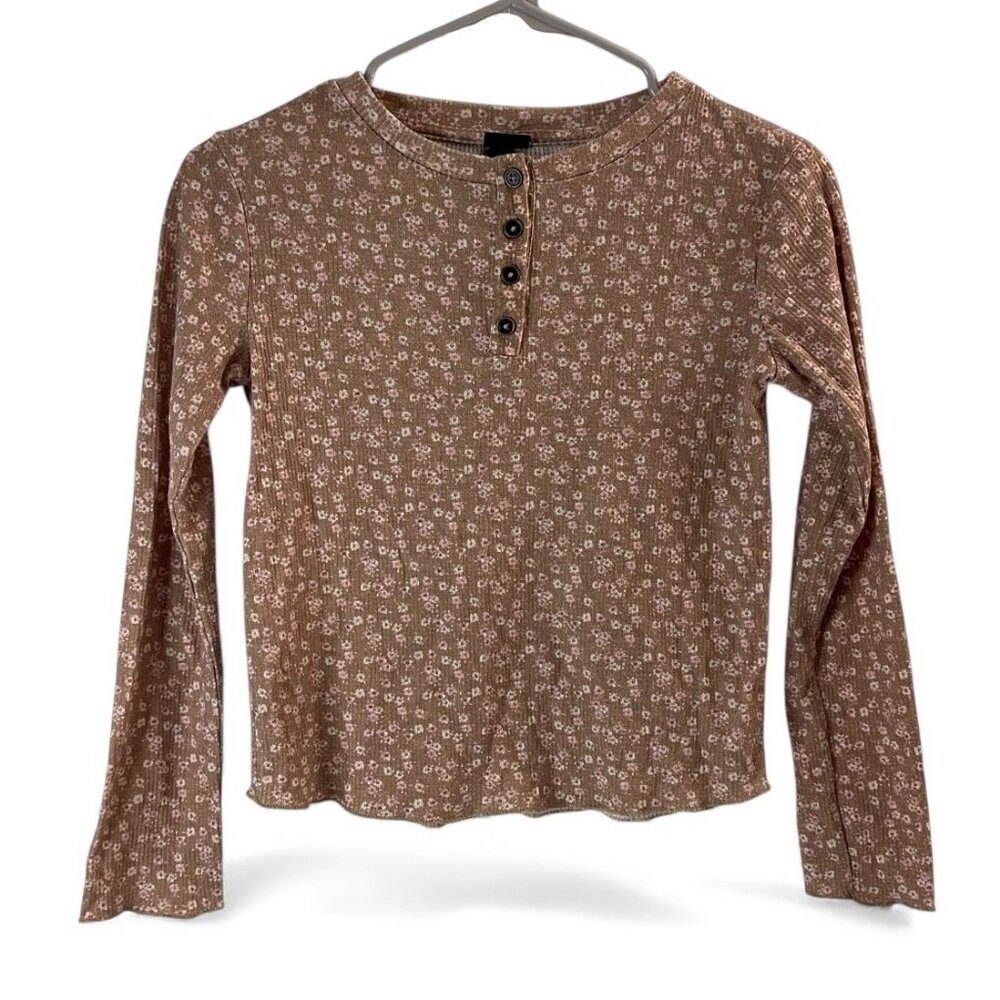Floral Ribbed Henley Long-Sleeve Top With Button Details Girls Casual Wear